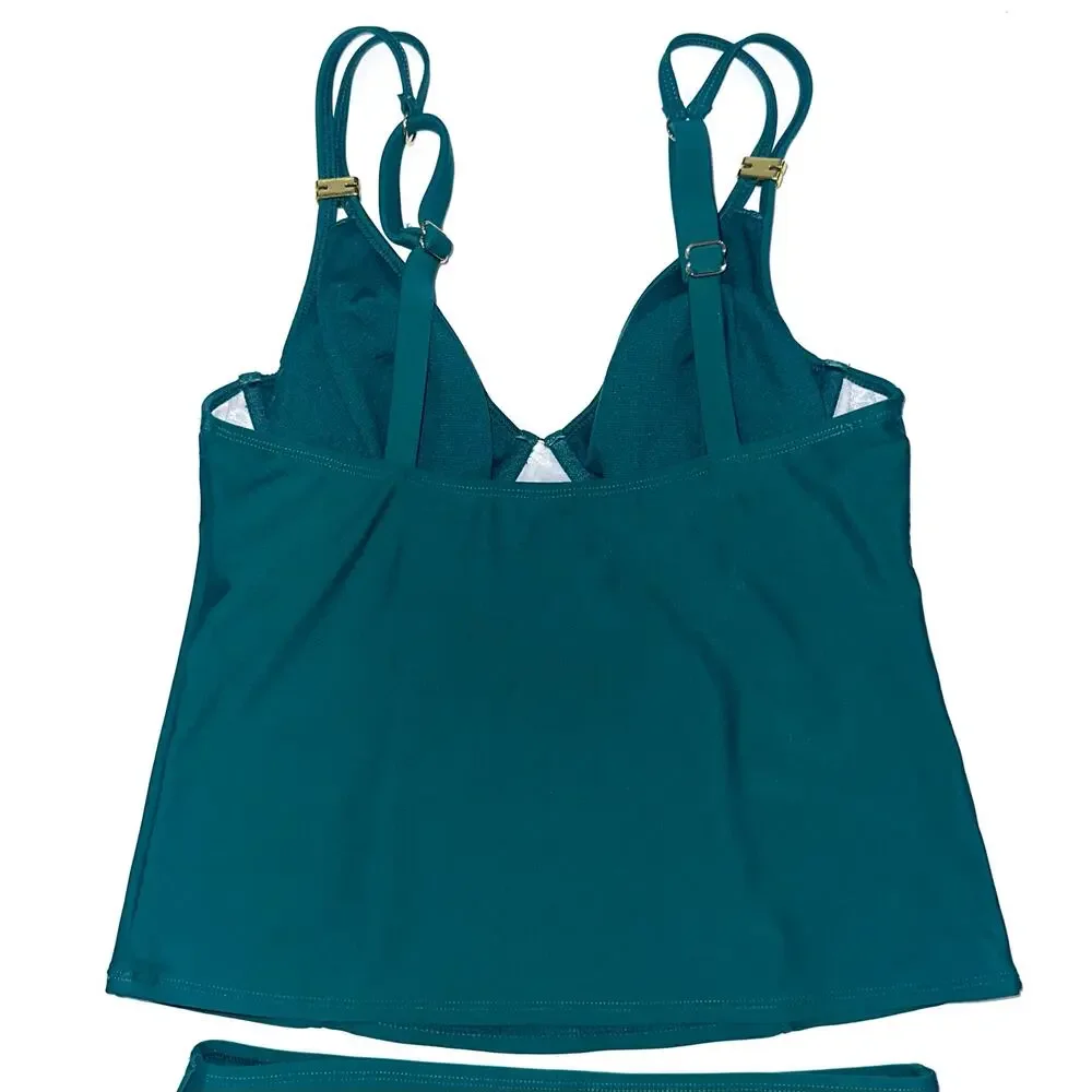 NWT Cupshe Green V-Neck Square Ring Two Piece Tankini Swimsuit Set Size M